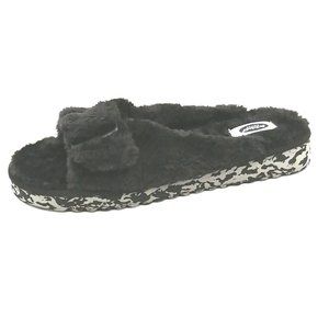 Dr. Scholl's Black Fuzzy Slide Slippers with Patterned Sole